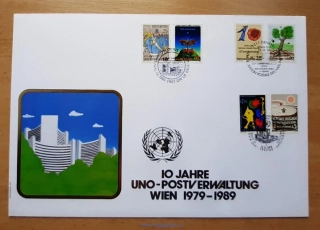 OSN FDC, Vídeň 94/5, Ženeva 178/9, New York 577/8, 10. výročí UNO, r. 1989
