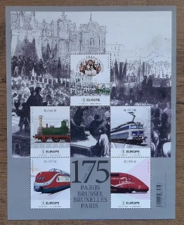 BELGIE ** aršík Bl 265, železnice, 175 let trati Paříž-Brusel, r. 2021