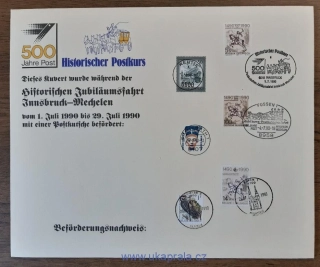 Rakousko, Belgie, NSR, Berlín, Pamětní obálka k 500. výročí pošty, jízda historického poštovního dostavníku, certifikát, r. 1990