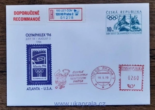ČR, celina LOH Atlanta, R nálepka 100 let ČOV, razítko "ČR mistrem světa", r. 1998